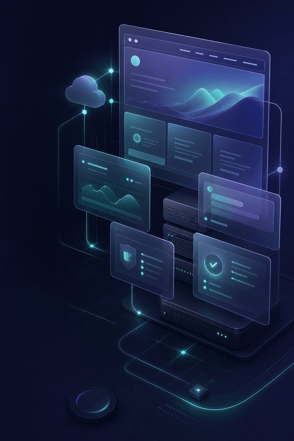 Layered website dashboards connected to managed hosting infrastructure